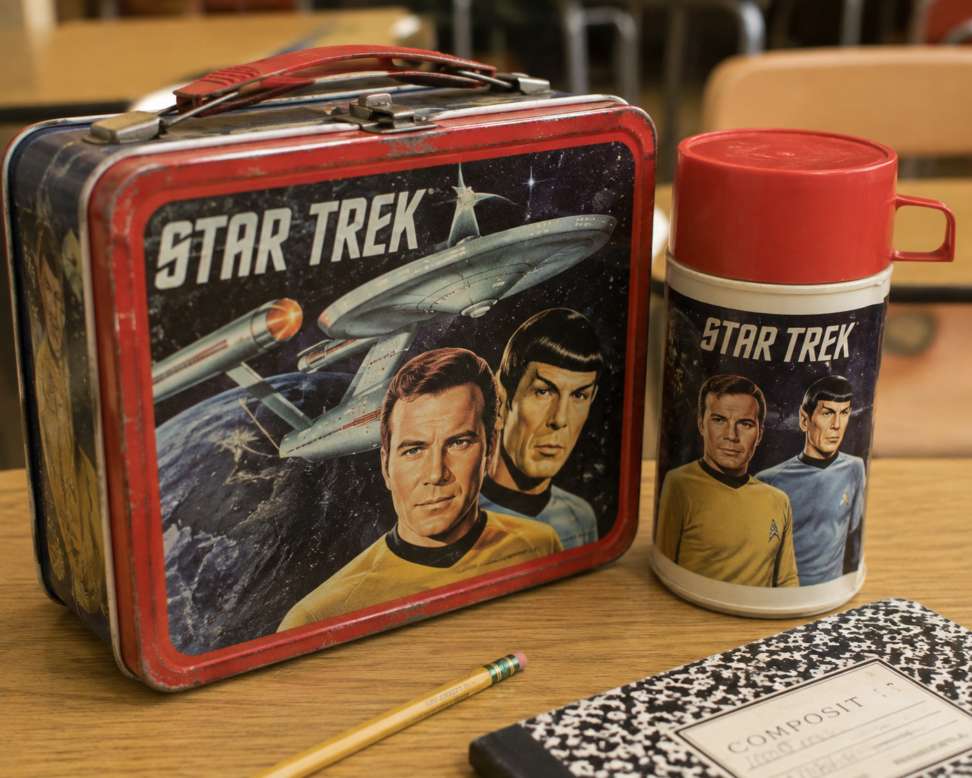 A vintage Star Trek lunchbox and thermos featuring characters and a spaceship sit on a desk with a pencil and a black-and-white composition notebook nearby. 1970s childhood memories.