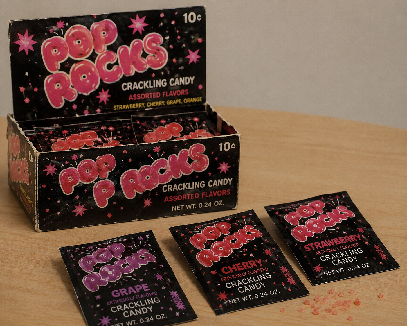 A display box of Pop Rocks candy sits on a table, with three individual packets—grape, cherry, and strawberry—laid out in front and some pink Pop Rocks sprinkled nearby.