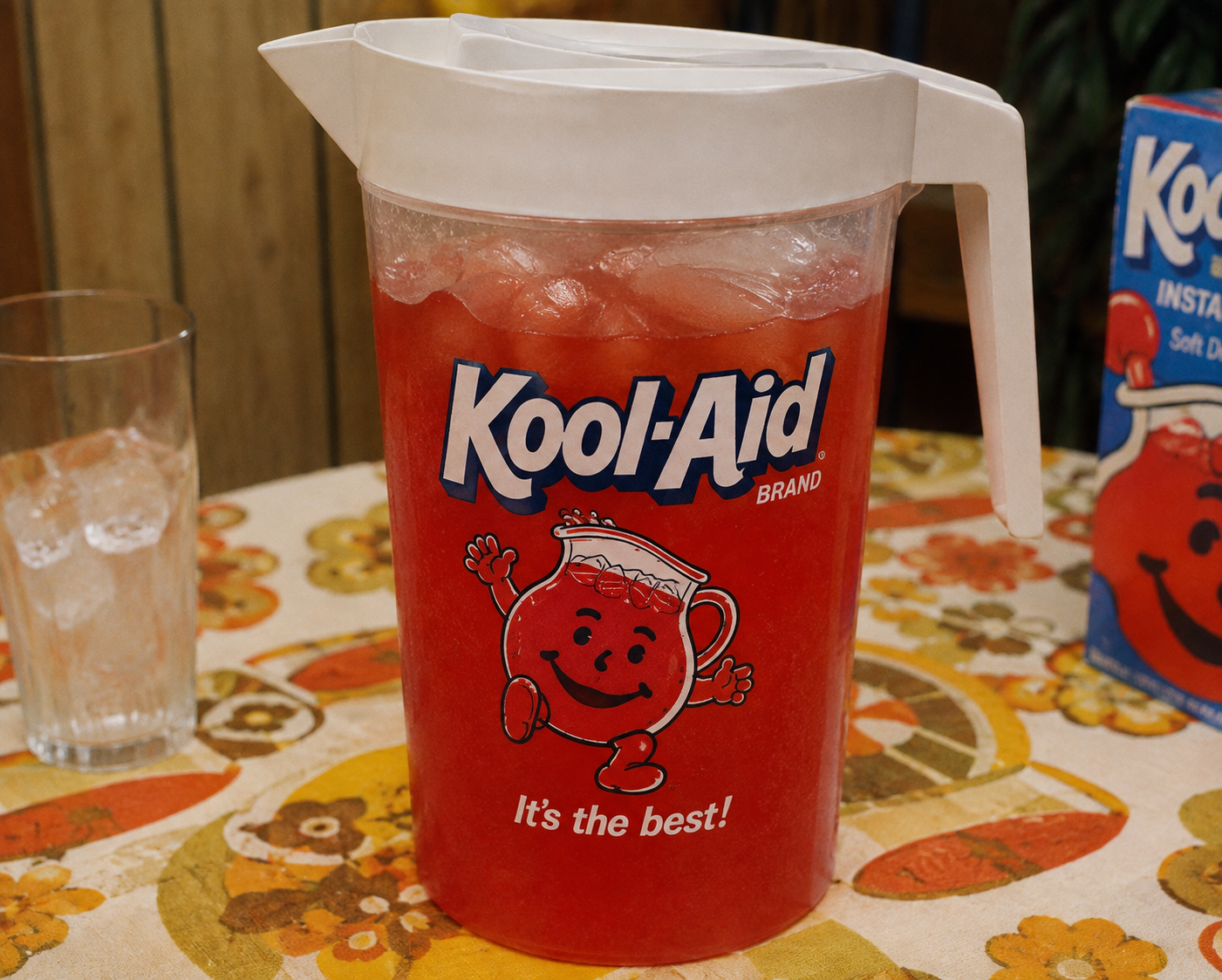 A pitcher of red Kool-Aid with ice sits on a floral tablecloth. The Kool-Aid Man and the slogan “It’s the best!” are printed on the pitcher. A glass of ice and a Kool-Aid box are nearby.
