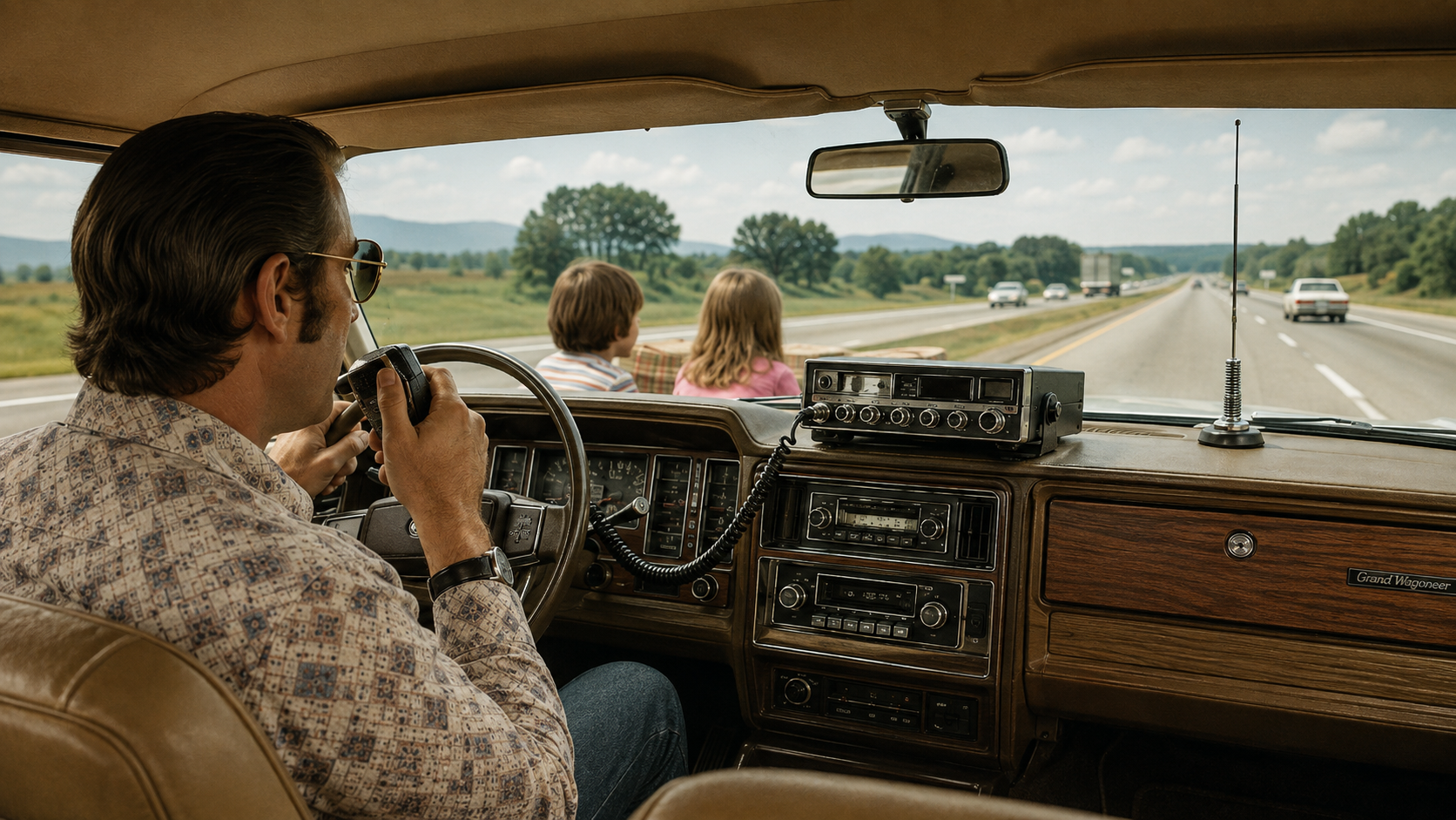 A man drives a vintage car on a highway, speaking into a CB radio—a classic scene that captures the spirit of travel in the 60s and 70s. Two children sit in the front passenger seat, looking out the window as the brown car interior frames their journey. The road is lined with trees and mountains visible in the distance.