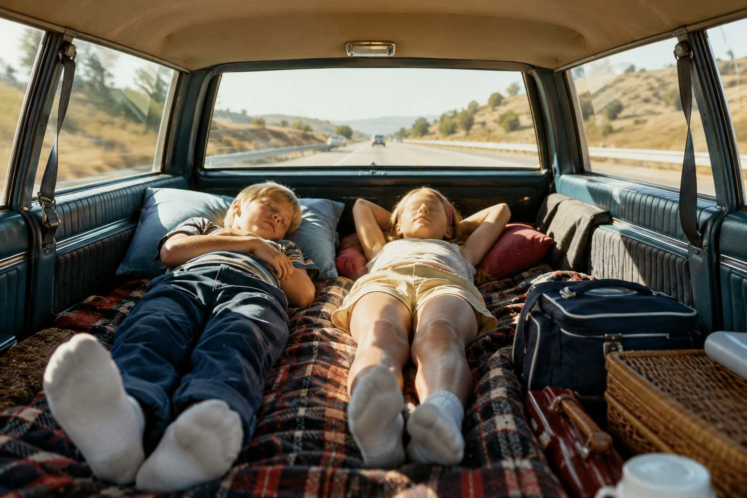 A young boy and girl sleep peacefully on a plaid blanket in the back of a station wagon while traveling down a sunny highway, capturing the timeless spirit of travel in the 60s and 70s. A blue cooler and picnic basket sit nearby, and the view through the back window shows a scenic landscape.