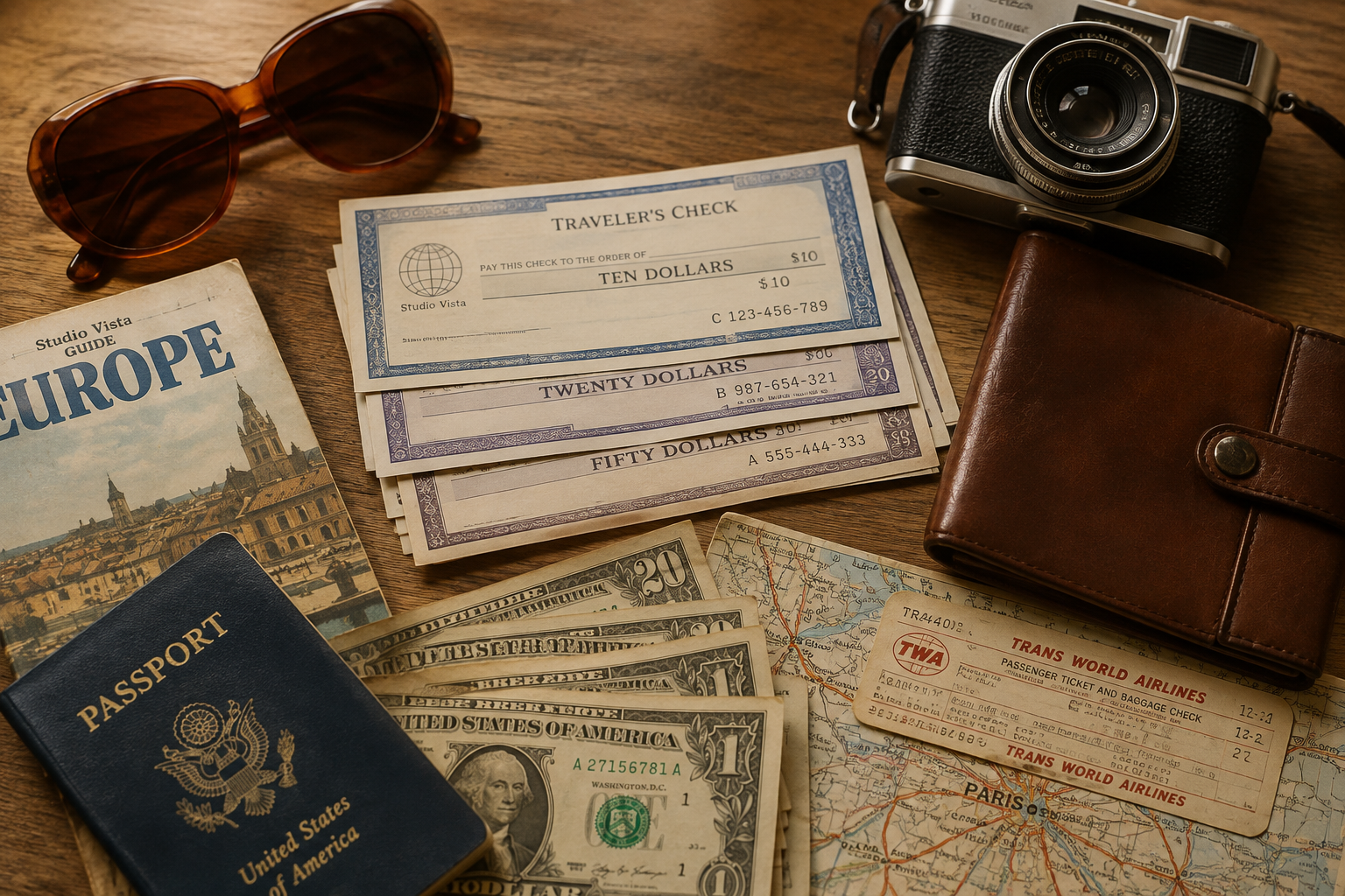 A collection of travel items on a table, reminiscent of travel in the 60s and 70s, including sunglasses, a camera, a passport, U.S. dollars, traveler’s checks, vintage airline tickets, a wallet, a Europe guidebook, and a map of Paris.