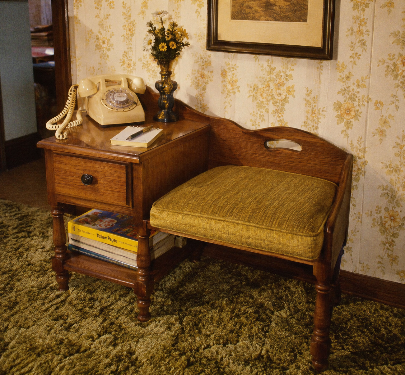 A vintage wooden telephone bench with a yellow cushion, rotary phone, vase of flowers, and books on a green carpet, set against floral wallpaper.