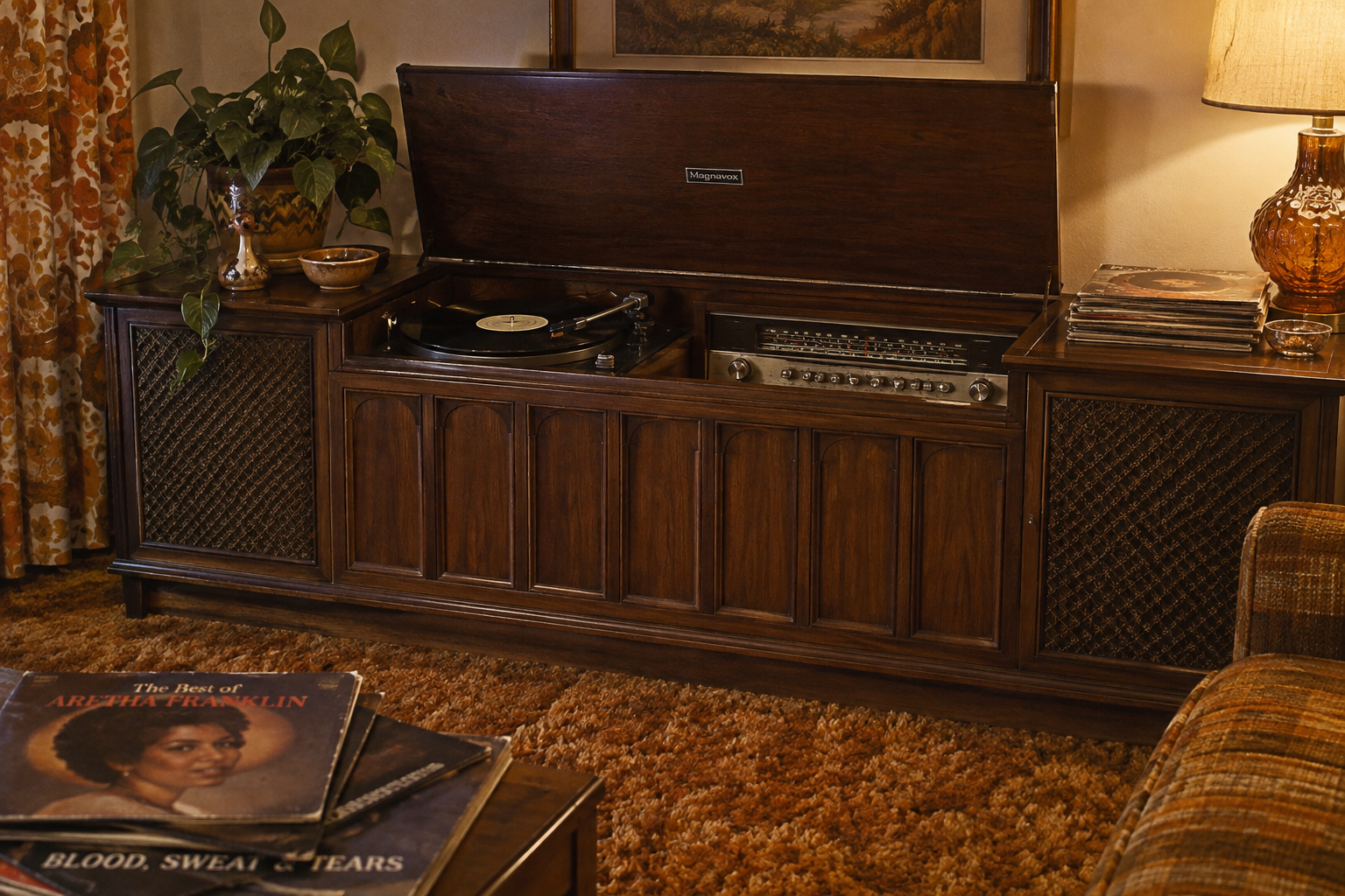 A vintage wooden stereo console with a record player and radio, surrounded by retro decor, plants, a lamp, and vinyl records, including an Aretha Franklin album, on a brown carpet.