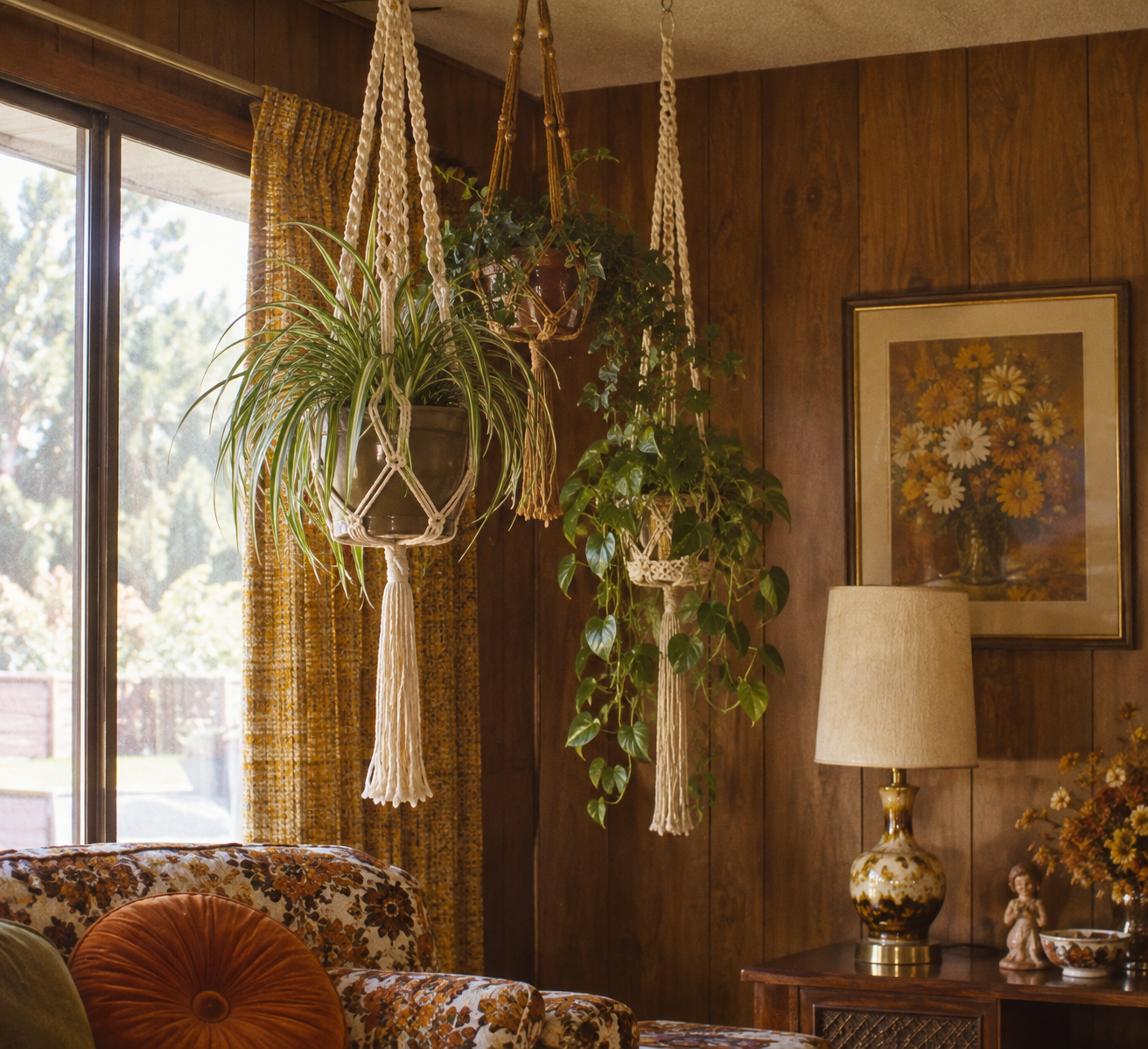 Three hanging plants in macramé holders by a large window in a retro living room with wood-paneled walls, a floral couch, a table lamp, and framed flower art. Sunlight filters through yellow patterned curtains.