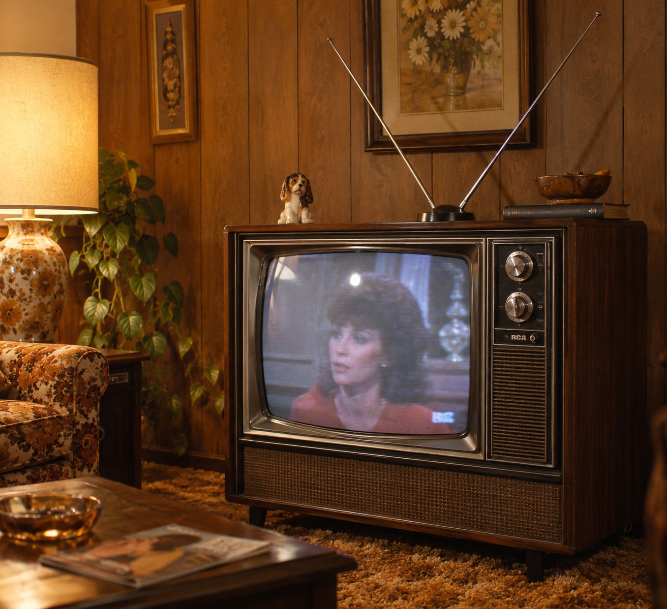 A vintage living room with a wood-paneled wall, an old RCA TV showing a woman, potted plant, floral sofa, lamp, dog figurine, and a coffee table with magazines and an ashtray.