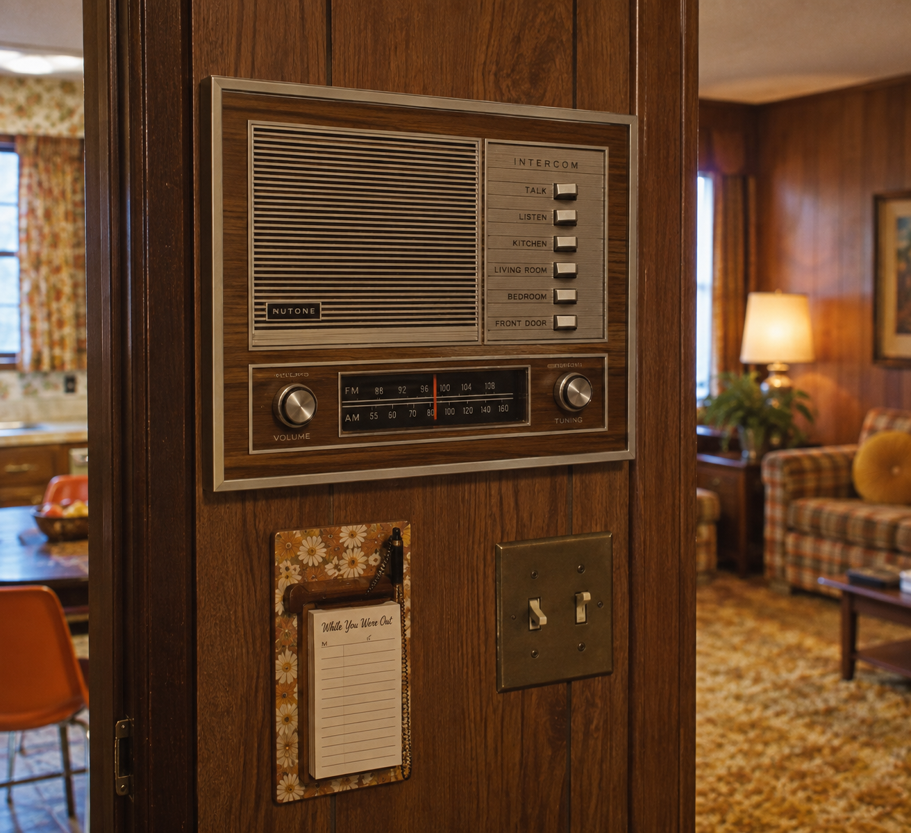 A vintage intercom and radio system on a wood-paneled wall, next to a light switch and a floral notepad. In the background, a retro living room and kitchen are visible.