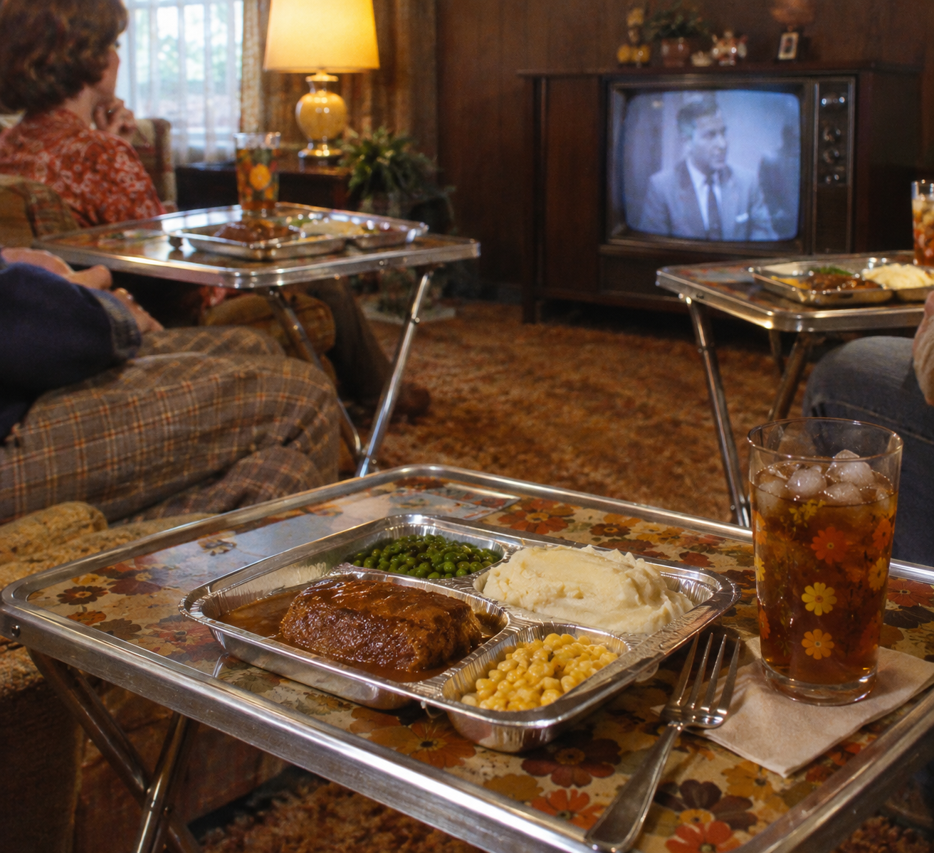Three people sit in a vintage living room, eating TV dinners on tray tables and watching a black-and-white show on an old television. A drink with ice sits next to the metal dinner tray.