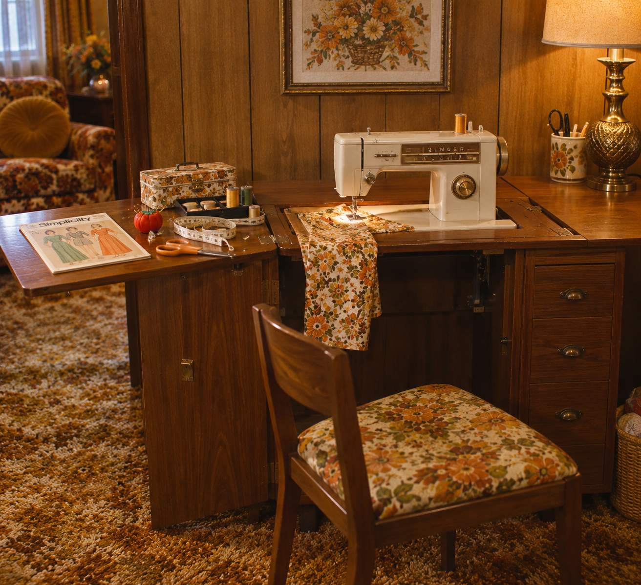 A vintage sewing machine sits on a wooden desk with floral fabric under the needle. Sewing supplies, a pattern, and a floral chair complete the cozy, retro scene with warm lighting and wood-paneled walls.