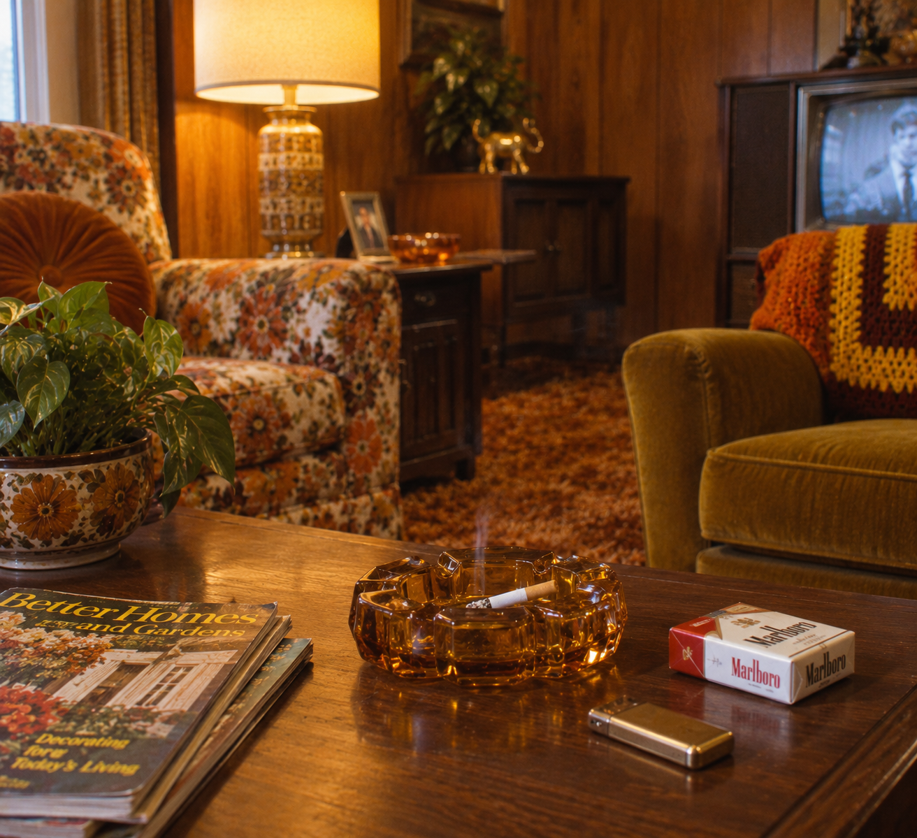A vintage living room with floral chairs, a lit lamp, an ashtray with a cigarette, a Marlboro box, a lighter, magazines, a plant, and a TV showing a black-and-white program.