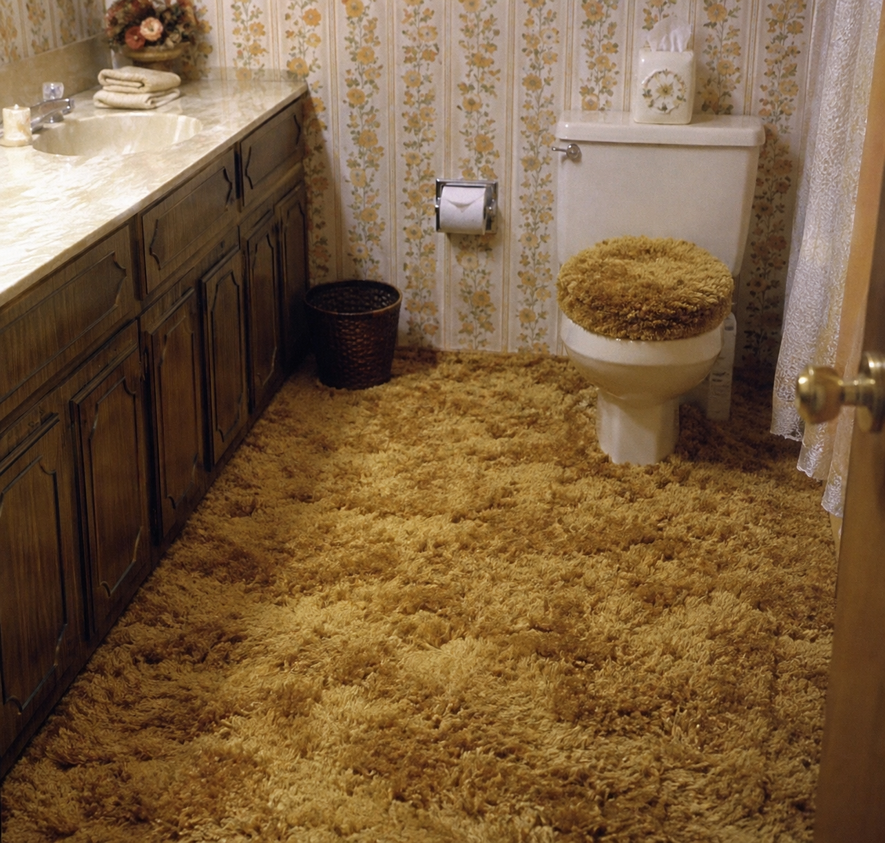 Vintage bathroom with brown shag carpet, floral wallpaper, a toilet with a matching fuzzy seat cover, wooden cabinets, a wastebasket, and a tissue box on the toilet tank.