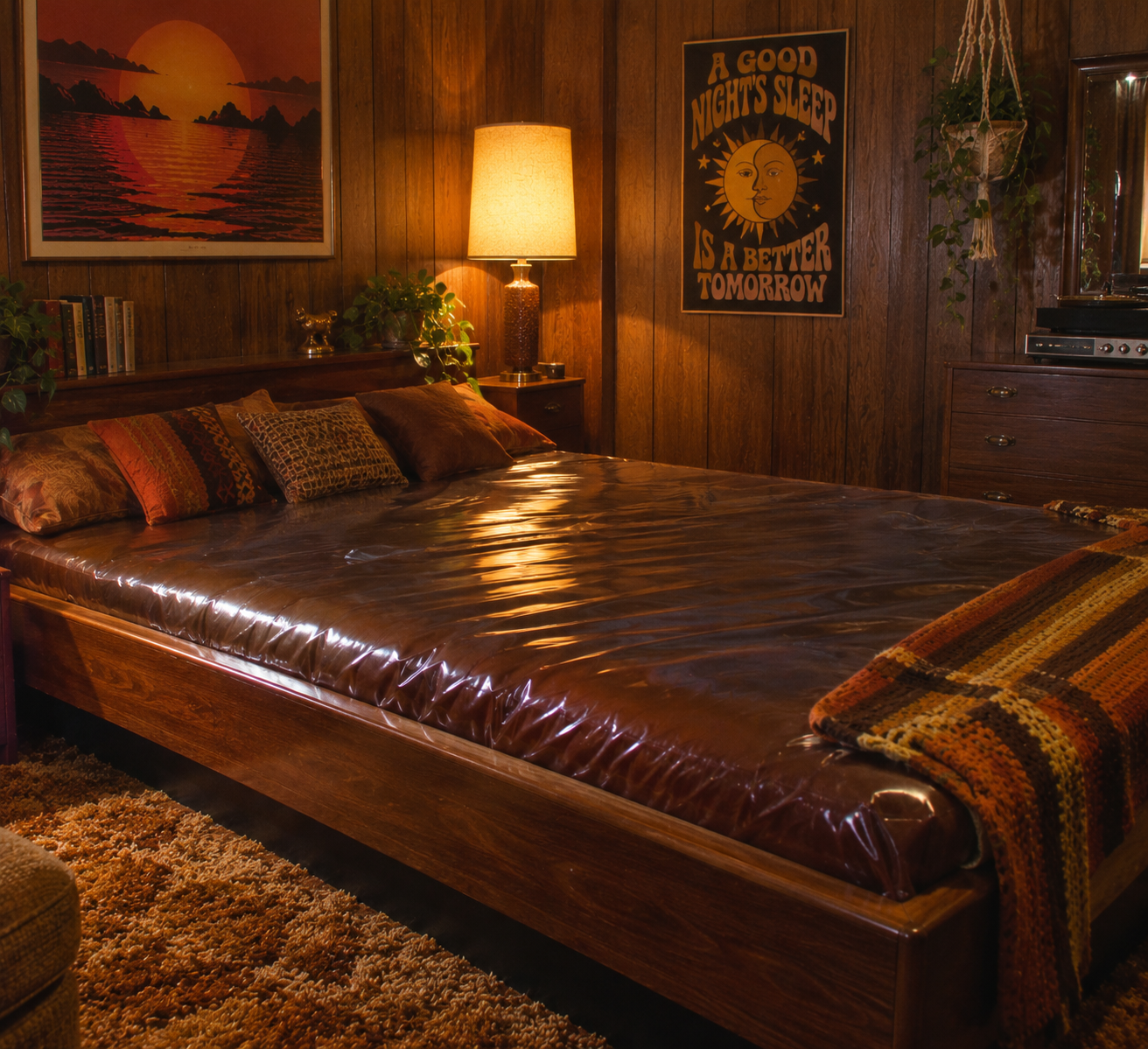 A cozy, retro bedroom with wood-paneled walls, a bed with a plastic cover, vintage lamp, sunset artwork, warm-toned pillows and blankets, and a “A Good Night’s Sleep Is a Better Tomorrow” poster.