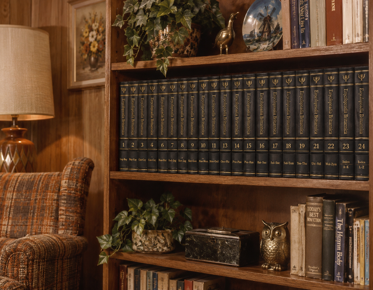 A wooden bookshelf filled with encyclopedias, books, two plants, a brass owl, a black box, and framed art sits next to a plaid armchair and a lamp in a cozy, vintage-style room.