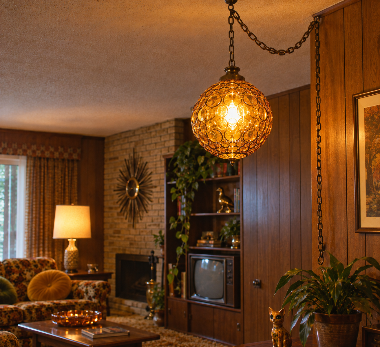A cozy, vintage living room with wood-paneled walls, retro furniture, an old TV, a hanging globe lamp, plants, a fireplace, and decorative items, all warmly lit by the lamp and natural light from a window.