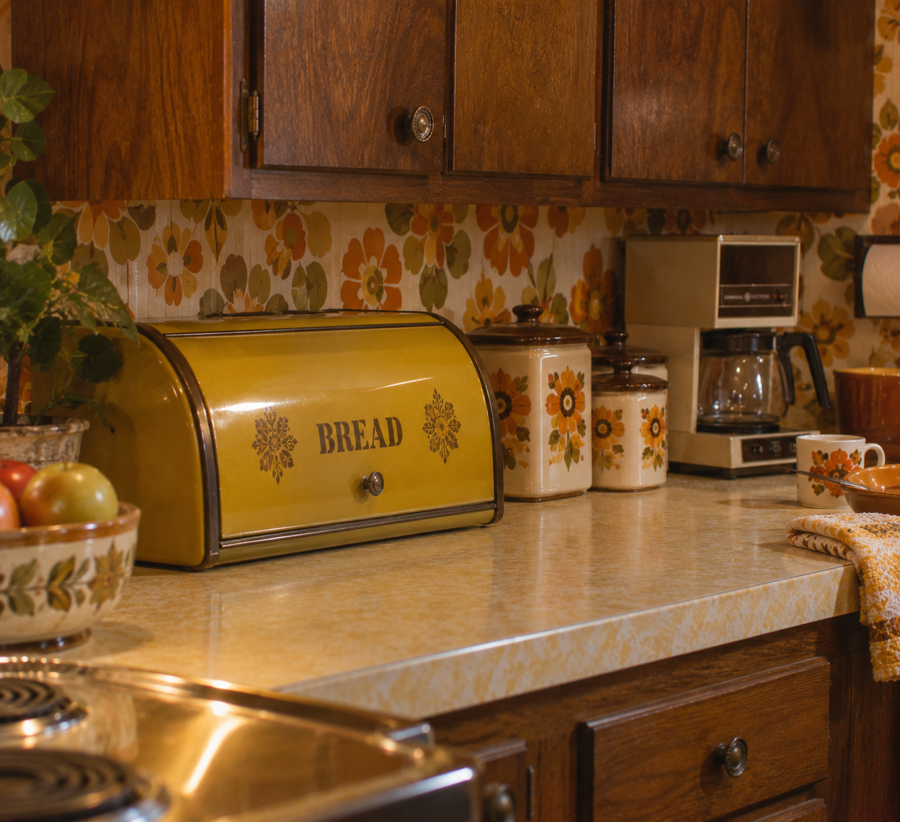 A vintage kitchen with a yellow bread box, floral canisters, a coffee maker, and retro wallpaper featuring orange and yellow flowers. Fruit and a cup sit on the countertop.