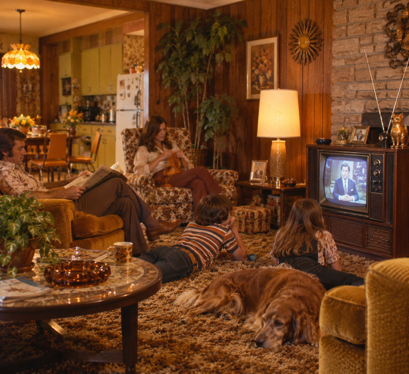 A family in a retro living room watches TV together. Two kids lie on the carpet near a dog, while two adults sit in chairs. The decor is vintage with wood paneling, patterned furniture, and warm lighting.