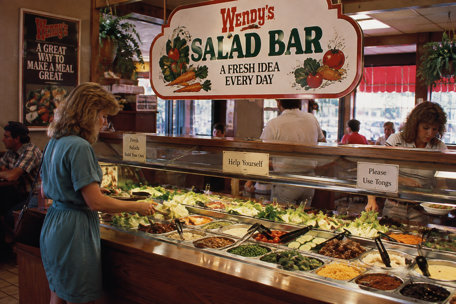A woman serves herself at a Wendy’s salad bar, choosing from various fresh vegetables and toppings. A large sign above reads, “Wendy’s Salad Bar: A Fresh Idea Every Day.” Other customers are seen in the background.