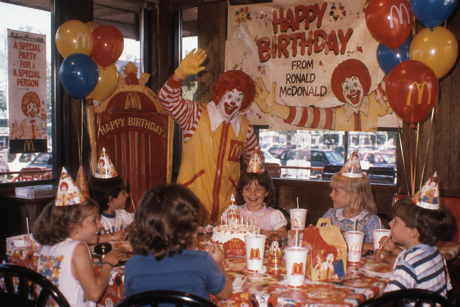 Ronald McDonald entertains a group of children at a McDonald’s birthday party. The kids wear party hats and sit around a table with cake, balloons, and McDonald’s food. A “Happy Birthday” banner hangs in the background.