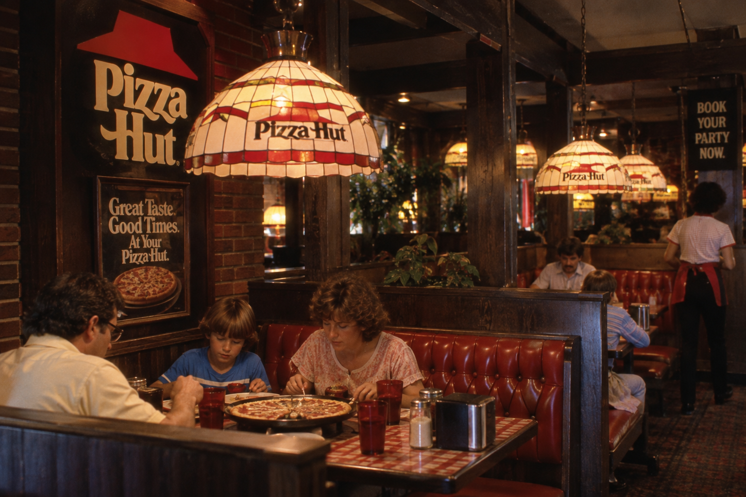 A family sits in a red booth at a Pizza Hut, eating pizza. The interior is decorated with stained glass lamps and wood paneling. A server walks in the background. Pizza Hut signs and menus are visible on the wall.