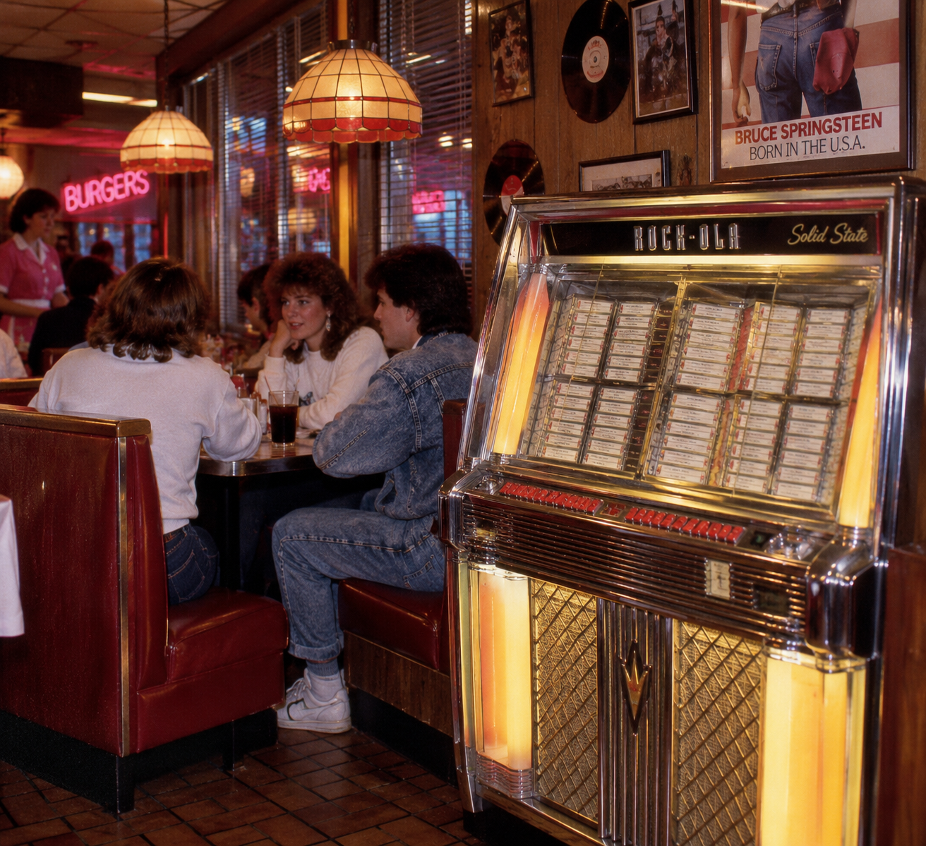 A group of people sit at a diner booth near a vintage jukebox, with retro decor, vinyl records on the wall, and burgers sign glowing in the background.