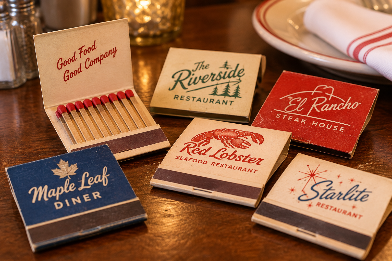 Six vintage restaurant matchbooks, some open to reveal matches, are displayed on a wooden table near a place setting. The matchbooks feature colorful logos of various diners and restaurants.