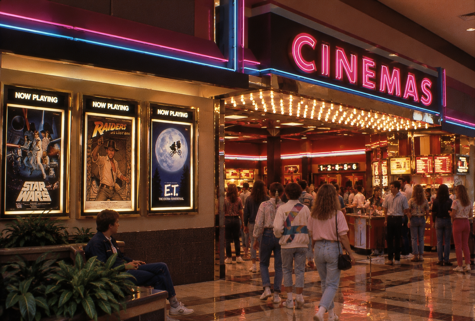 A crowd walks into a brightly lit cinema in a mall. Movie posters for Star Wars, Raiders of the Lost Ark, and E.T. are displayed, with neon lights and a concession stand visible.