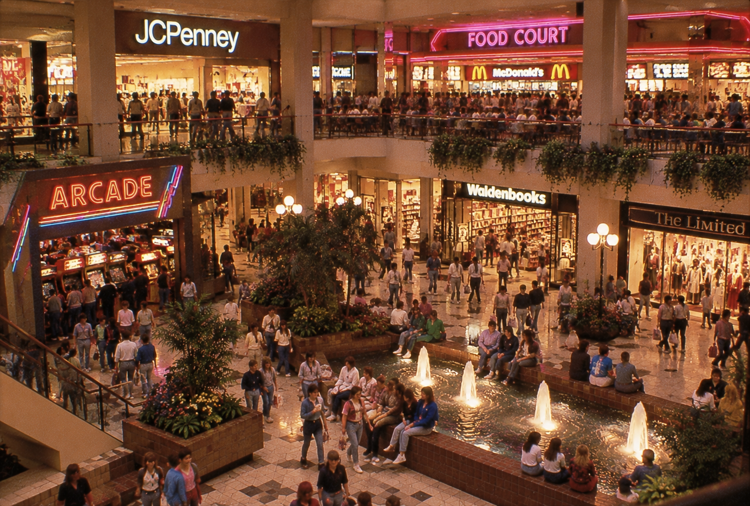 Crowded mall interior with a fountain, people sitting and walking, neon signs for an arcade, JCPenney, Waldenbooks, The Limited, and a food court with McDonald’s. Plants and lamps decorate both levels.