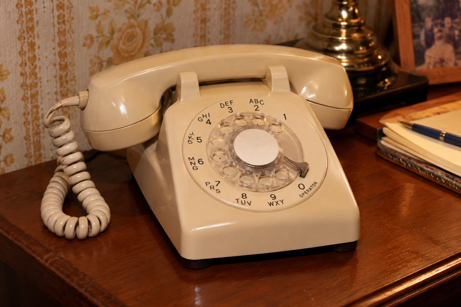 A beige rotary dial telephone sits on a wooden table next to a lamp, a framed photo, and a pen with a notebook. The background has floral wallpaper.