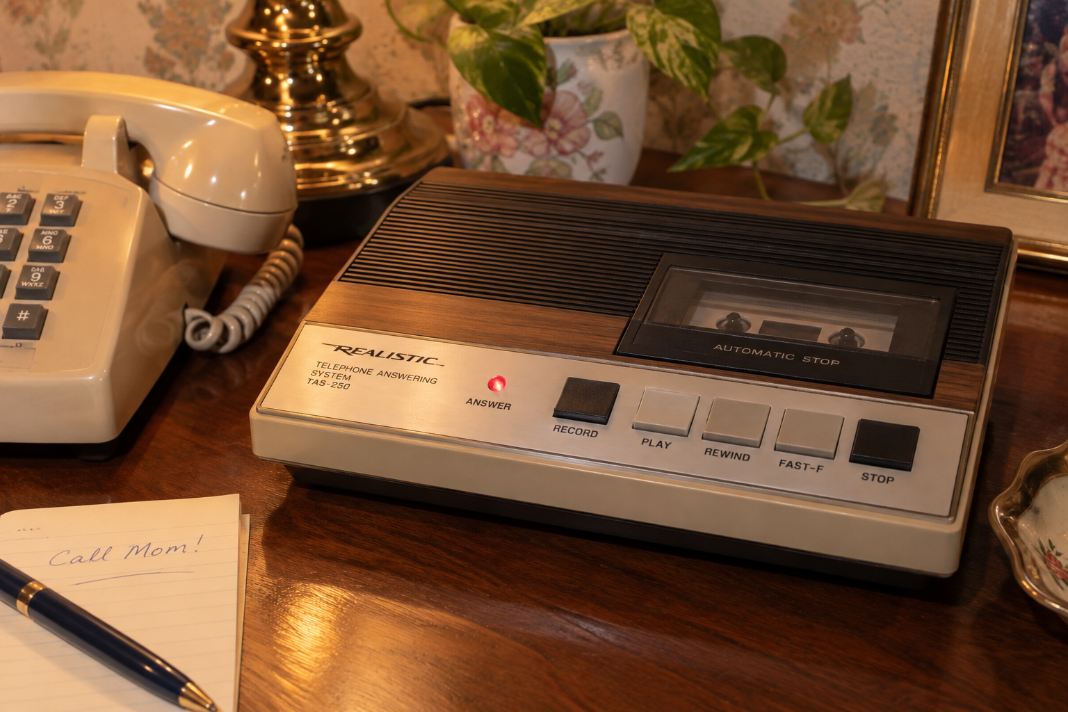 A vintage telephone answering machine sits on a wooden desk beside a rotary phone, a notepad with “Call Mom!” written on it, a pen, and a floral-patterned cup with a plant.