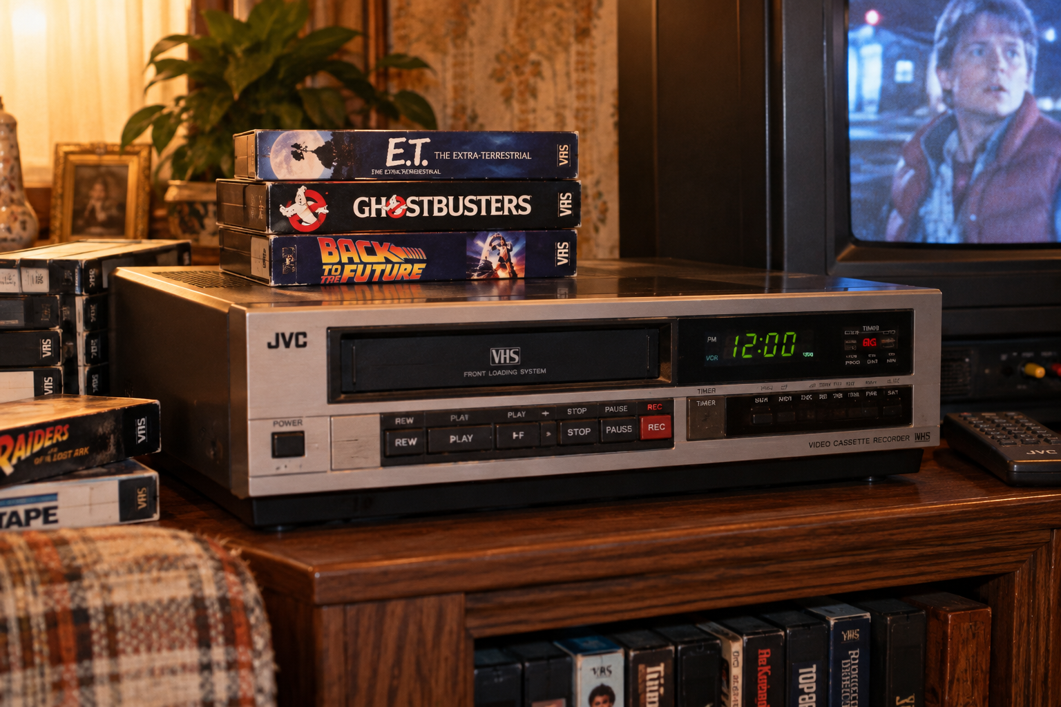 A JVC VHS player sits on a wooden shelf with tapes of E.T., Ghostbusters, and Back to the Future stacked on top. A TV shows a scene from a movie, with VHS tapes and decor visible around the setup. Household items that disappeared after the ’80s.