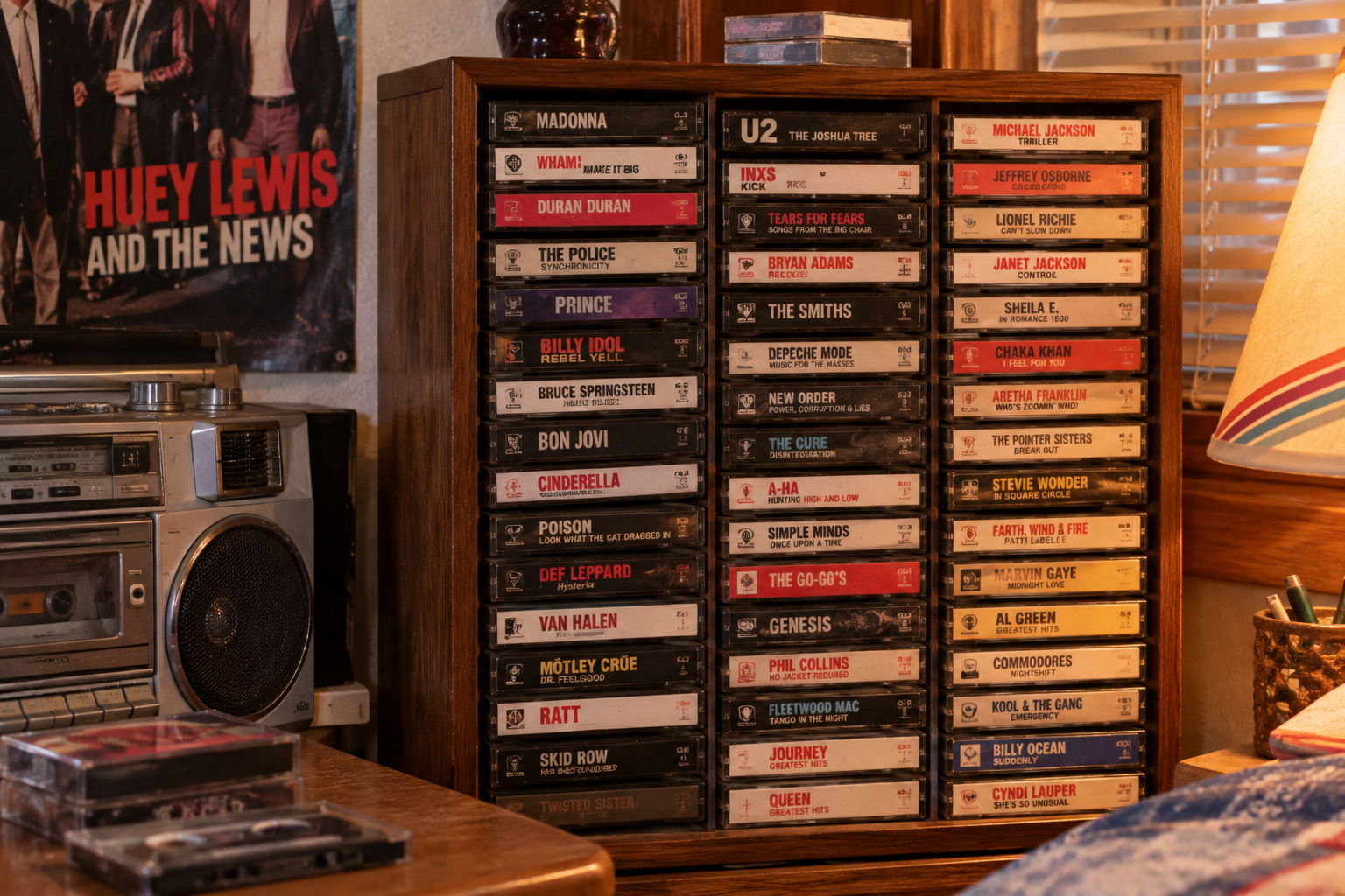 A wooden shelf holds rows of labeled cassette tapes by various artists. A stereo and a “Huey Lewis and the News” poster are nearby. Light from a window partially illuminates the cozy vintage room.
