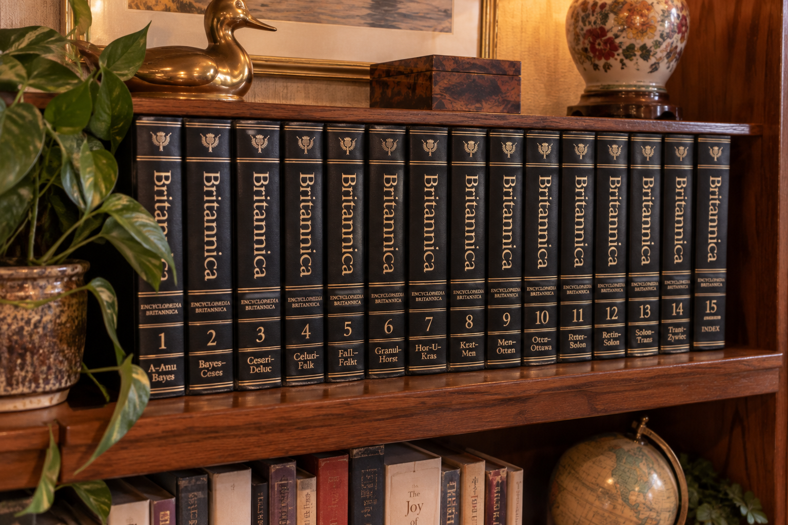 A shelf holds 15 volumes of the Encyclopedia Britannica, surrounded by potted plants, a globe, and a decorative duck statue.