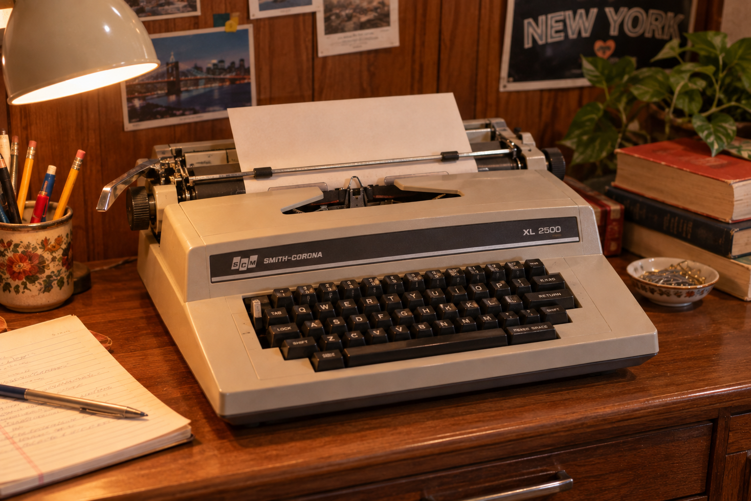 A vintage Smith-Corona XL 2500 typewriter sits on a wooden desk with paper loaded, surrounded by books, a plant, a lamp, and notes.