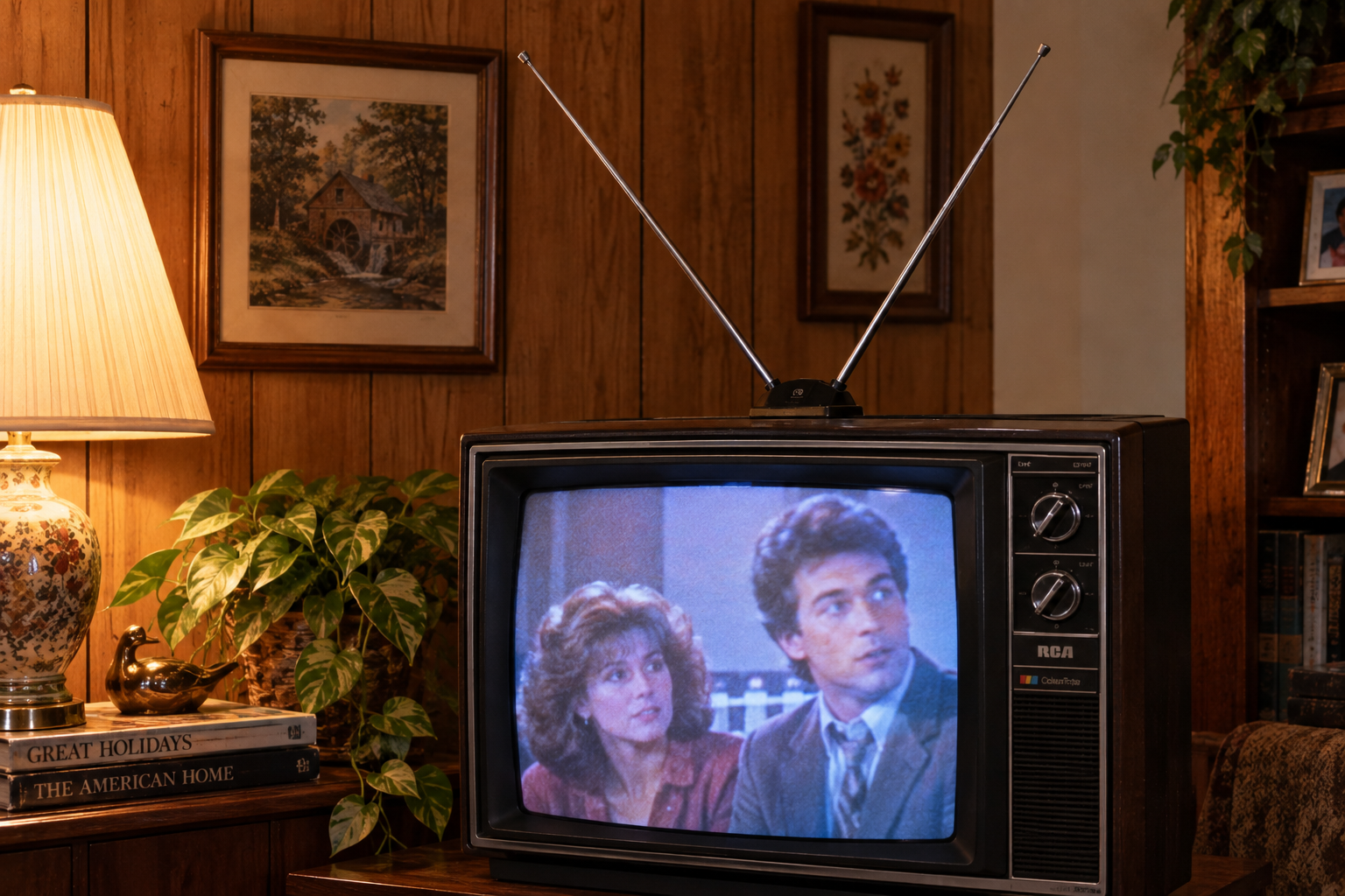 A vintage RCA TV with rabbit-ear antennas displays a man and woman in a scene. The TV sits on a table with books and plants, in a wood-paneled room decorated with framed art and a lamp.