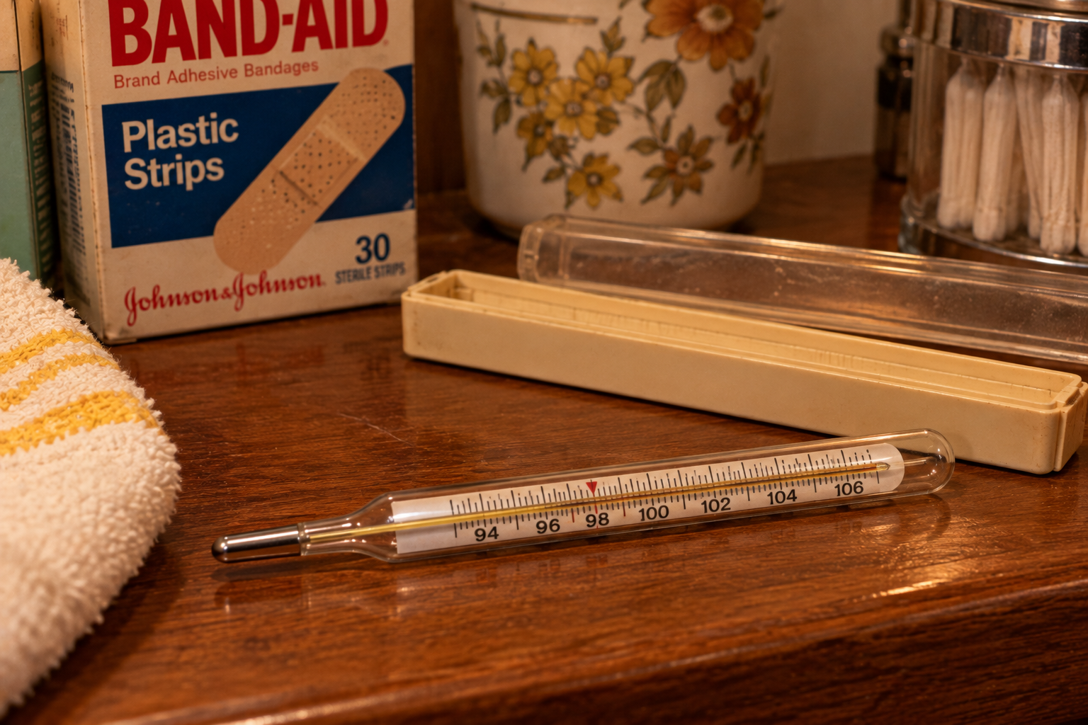 A glass thermometer lies on a wooden counter near a Band-Aid box, a floral container, a towel, cotton swabs, and a yellow-striped towel.