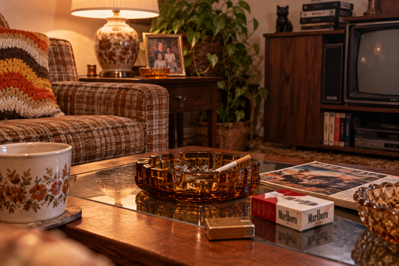 A retro living room with a plaid sofa, vintage TV, wood furniture, family photo, ashtray with a cigarette, Marlboro cigarette packs, lighter, coffee mug, lamp, and plants on tables. Cozy, nostalgic atmosphere.