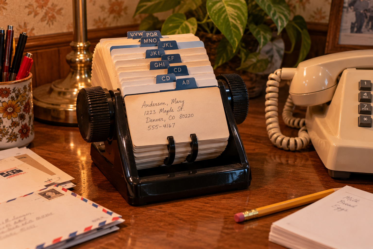 A Rolodex on a wooden desk displays a card with contact info. Nearby are a rotary phone, a lamp, a pencil, envelopes, and a plant, creating a vintage office scene.