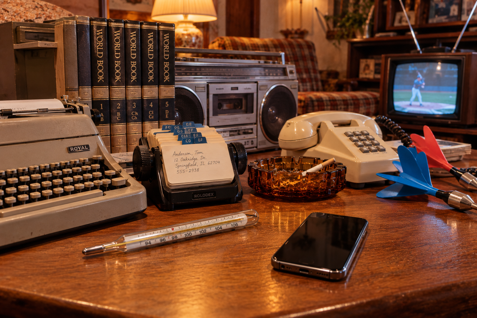 A vintage desk with a typewriter, rotary phone, Rolodex, thermometer, ashtray with cigarettes, smartphone, and a boombox; TV in the background shows a baseball game. Household items that disappeared after the ’80s.