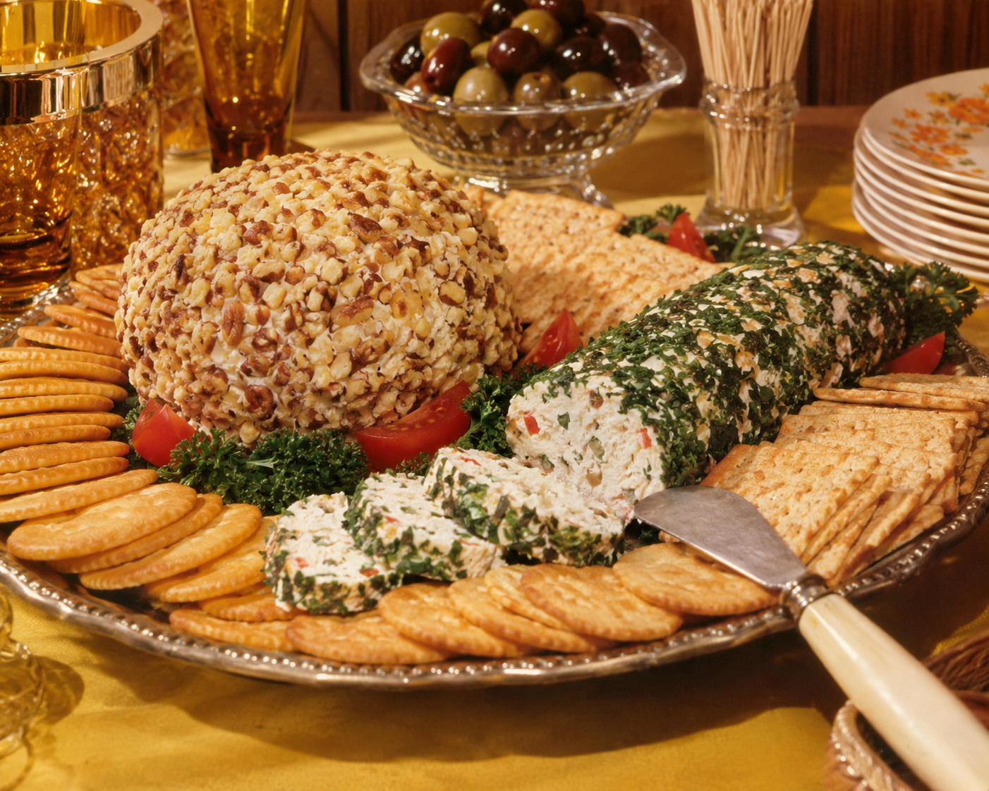 A silver platter with round crackers, a cheese ball coated in chopped nuts, a cheese log rolled in herbs, tomato slices, and garnish, with a serving knife and olives in the background.