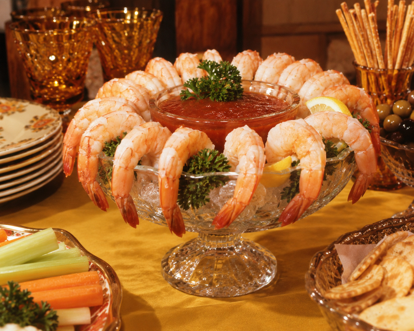 A glass dish of shrimp cocktail with shrimp arranged around a bowl of cocktail sauce, garnished with parsley and lemon, sits on a table set with plates, celery, breadsticks, and amber glassware.