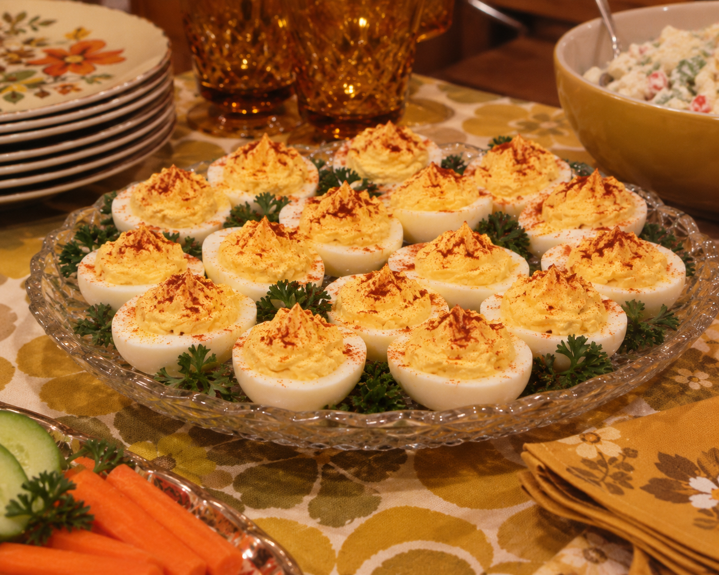 A glass platter of deviled eggs garnished with paprika and parsley sits on a retro floral tablecloth, surrounded by plates, amber glasses, a bowl of salad, and a vegetable tray.