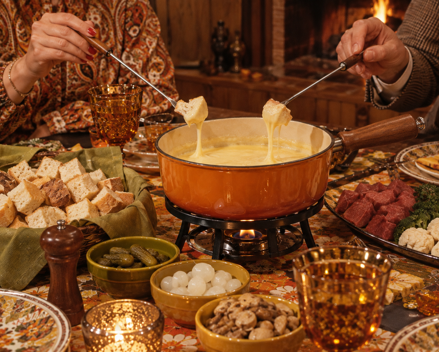 Two people dip bread cubes into a pot of cheese fondue on a patterned table set with bread, pickles, vegetables, and drinks, with a cozy fireplace in the background. 1970s dinner party foods.