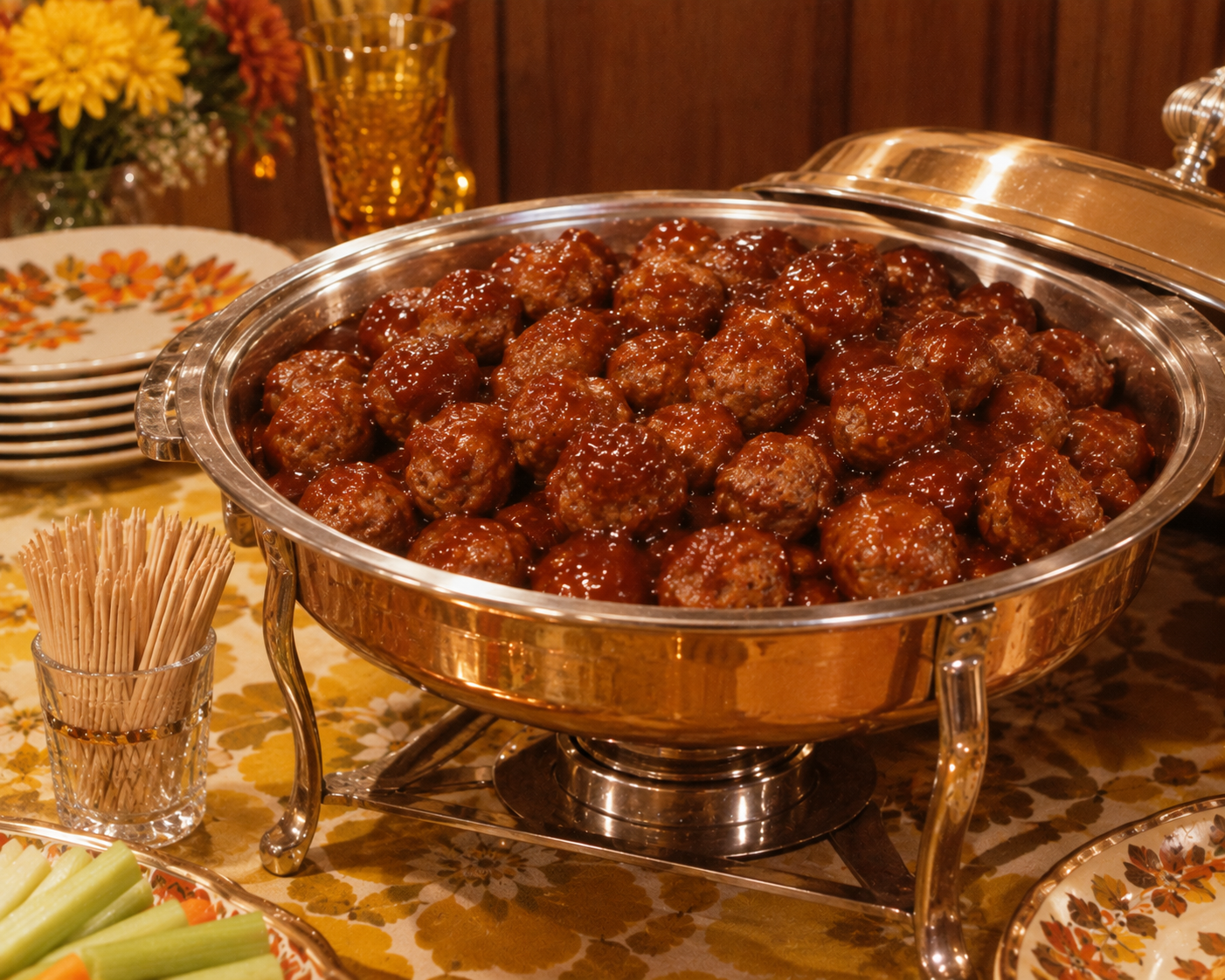 A large silver serving dish filled with saucy meatballs sits on a vintage floral tablecloth, surrounded by plates, glasses, a toothpick holder, and a platter of celery sticks.