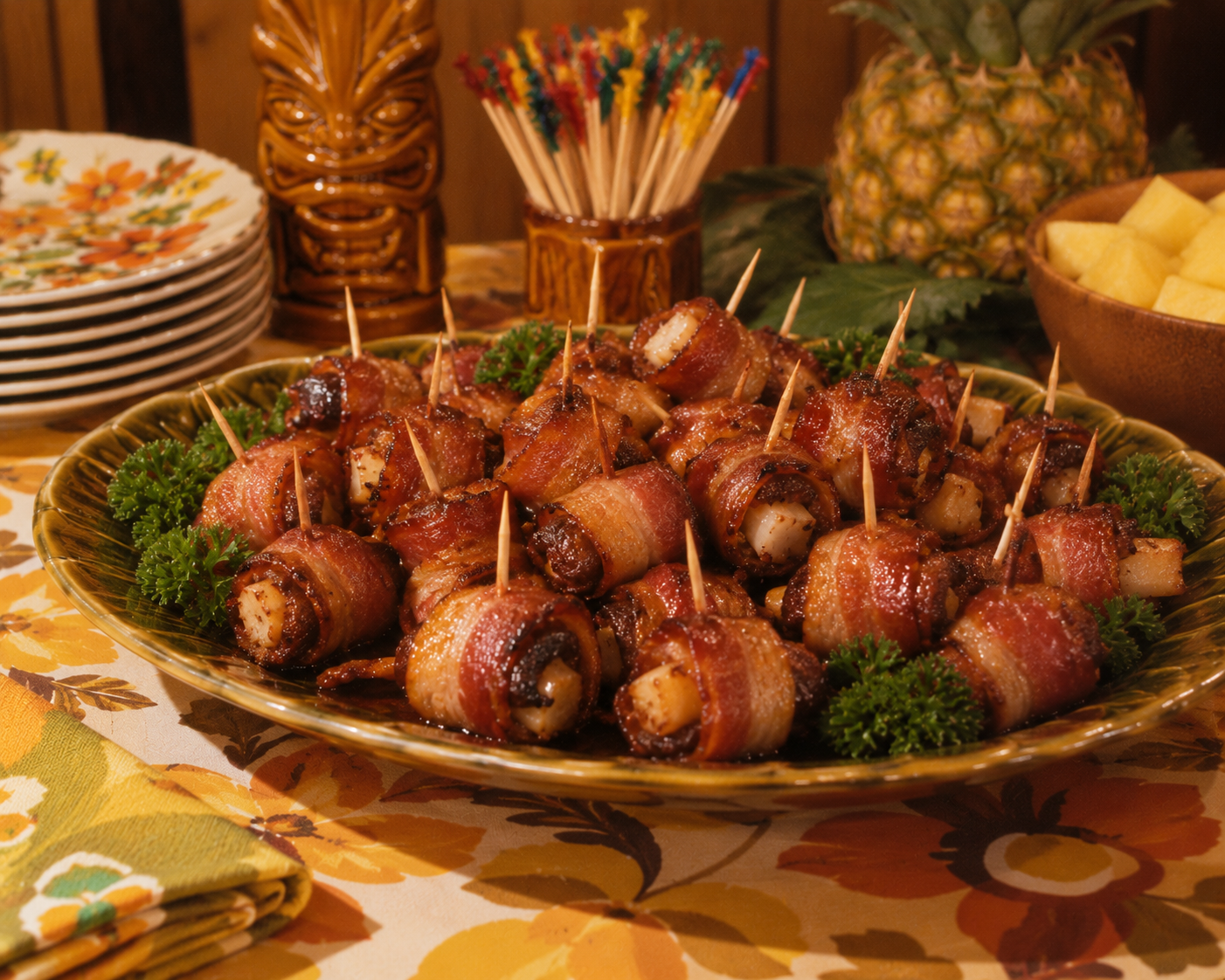 A platter of bacon-wrapped appetizers secured with toothpicks, arranged on a bed of parsley. Surrounded by plates, napkins, a pineapple, and tiki mugs, set on a vintage floral tablecloth.