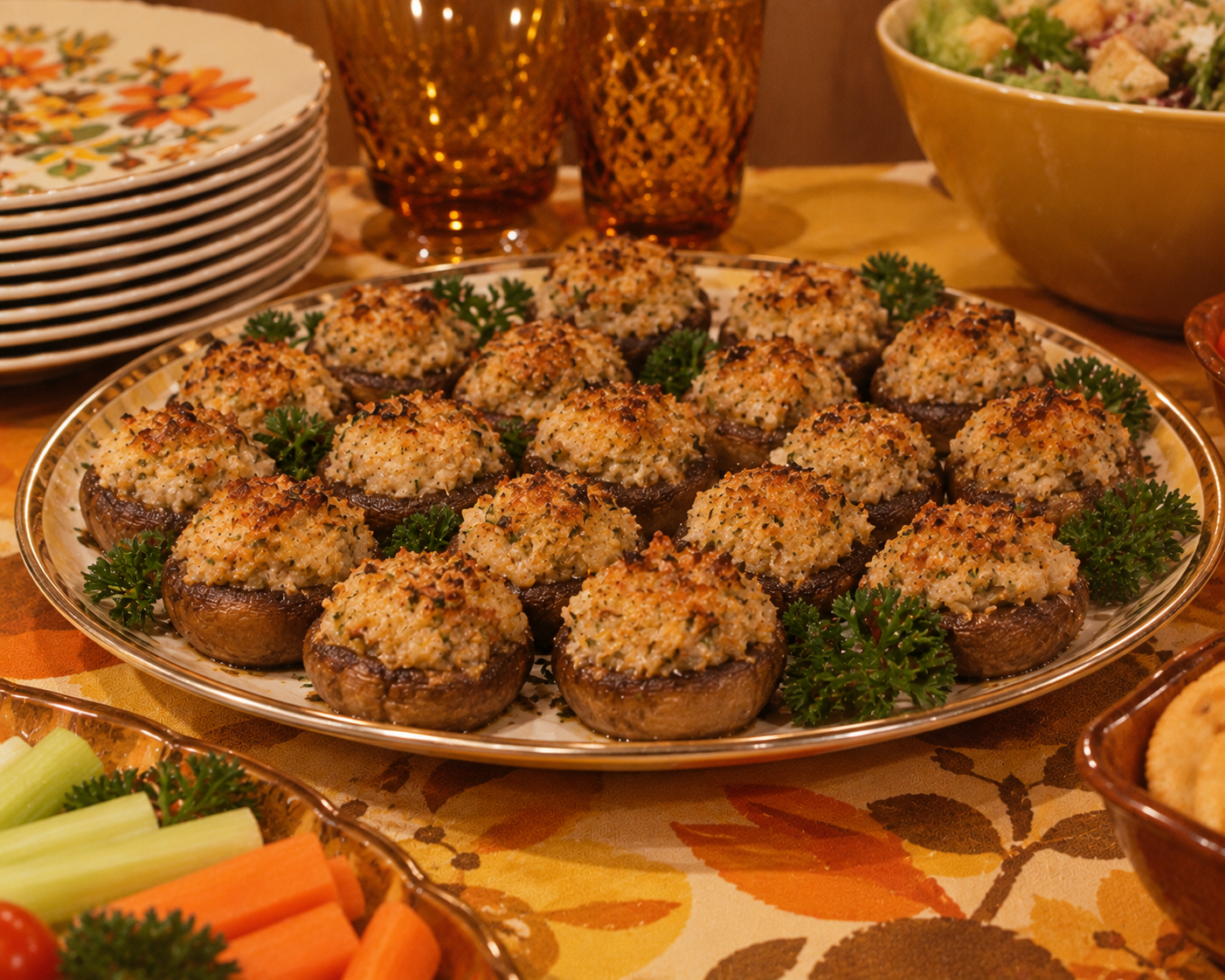 A platter of stuffed mushrooms garnished with parsley sits on a floral tablecloth, surrounded by plates, amber glasses, a salad bowl, and a tray of vegetable sticks.