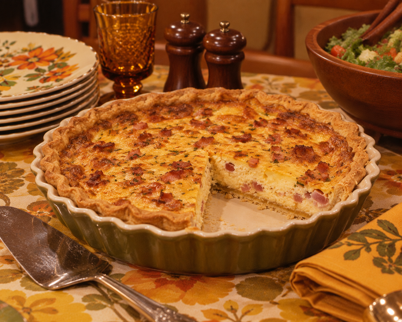 A quiche with a slice missing sits on a floral tablecloth, surrounded by plates, salad, and salt and pepper shakers.