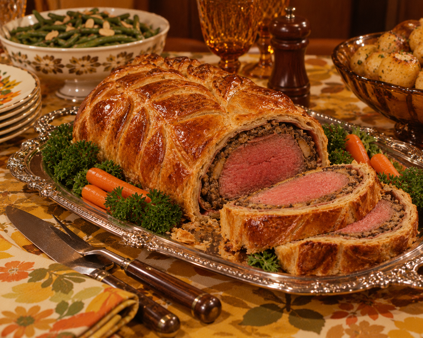 A sliced beef Wellington on a silver platter, garnished with parsley and carrots, surrounded by plates, cutlery, green beans, potatoes, and vintage glassware on a floral tablecloth.