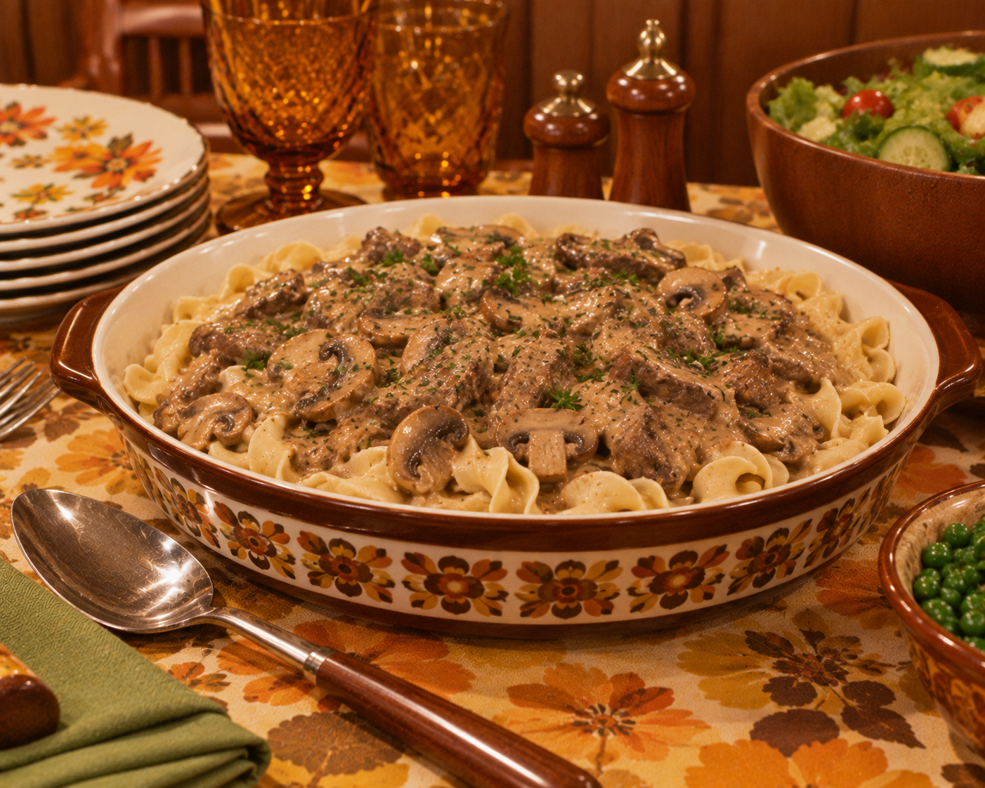 A vintage floral dish filled with creamy beef stroganoff garnished with parsley, surrounded by a salad, peas, stacked plates, vintage glasses, salt and pepper shakers, and a serving spoon on a retro floral tablecloth.