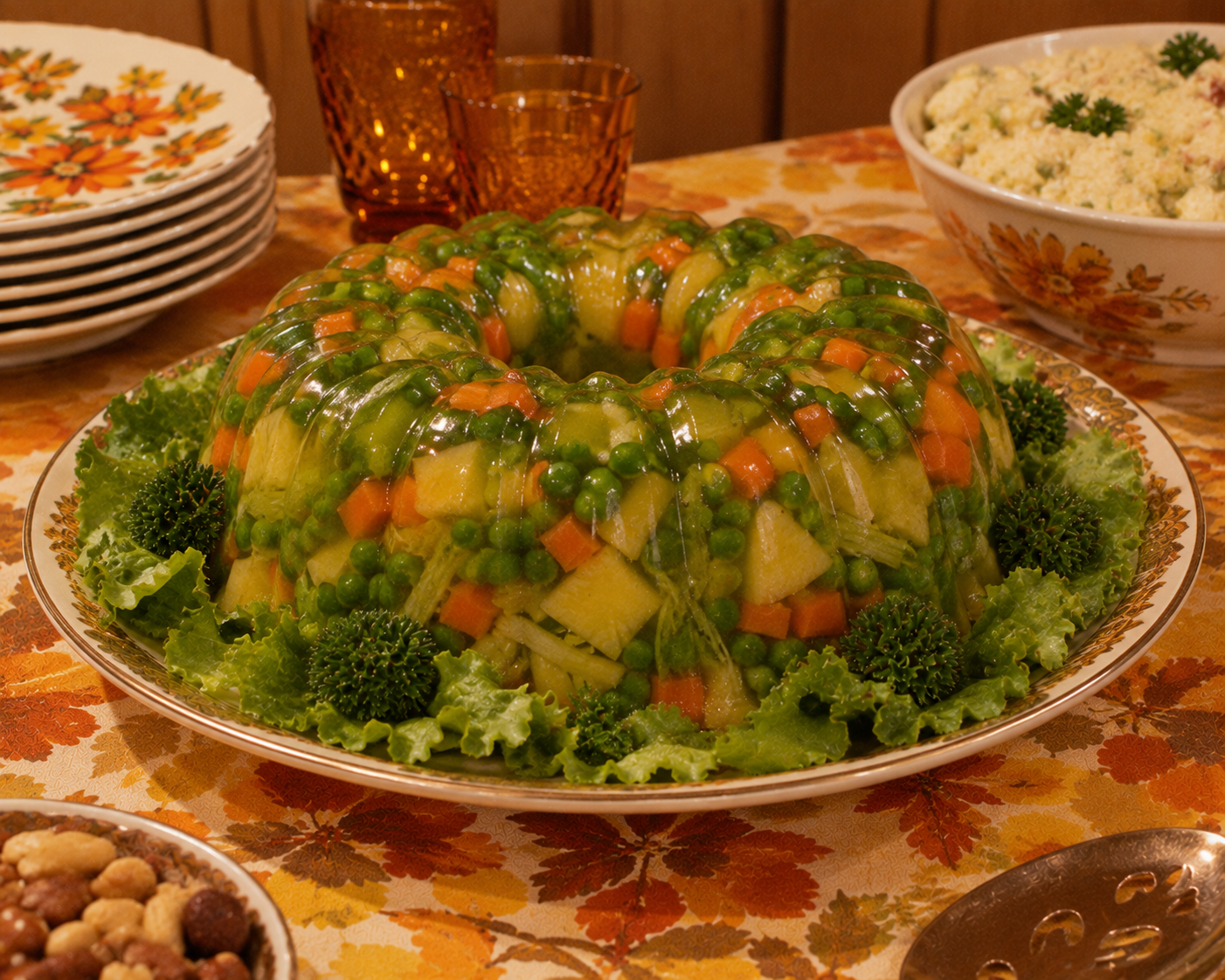 A molded gelatin salad with peas, carrots, and pineapple sits on lettuce, surrounded by plates, glasses, and bowls on a vintage floral tablecloth.