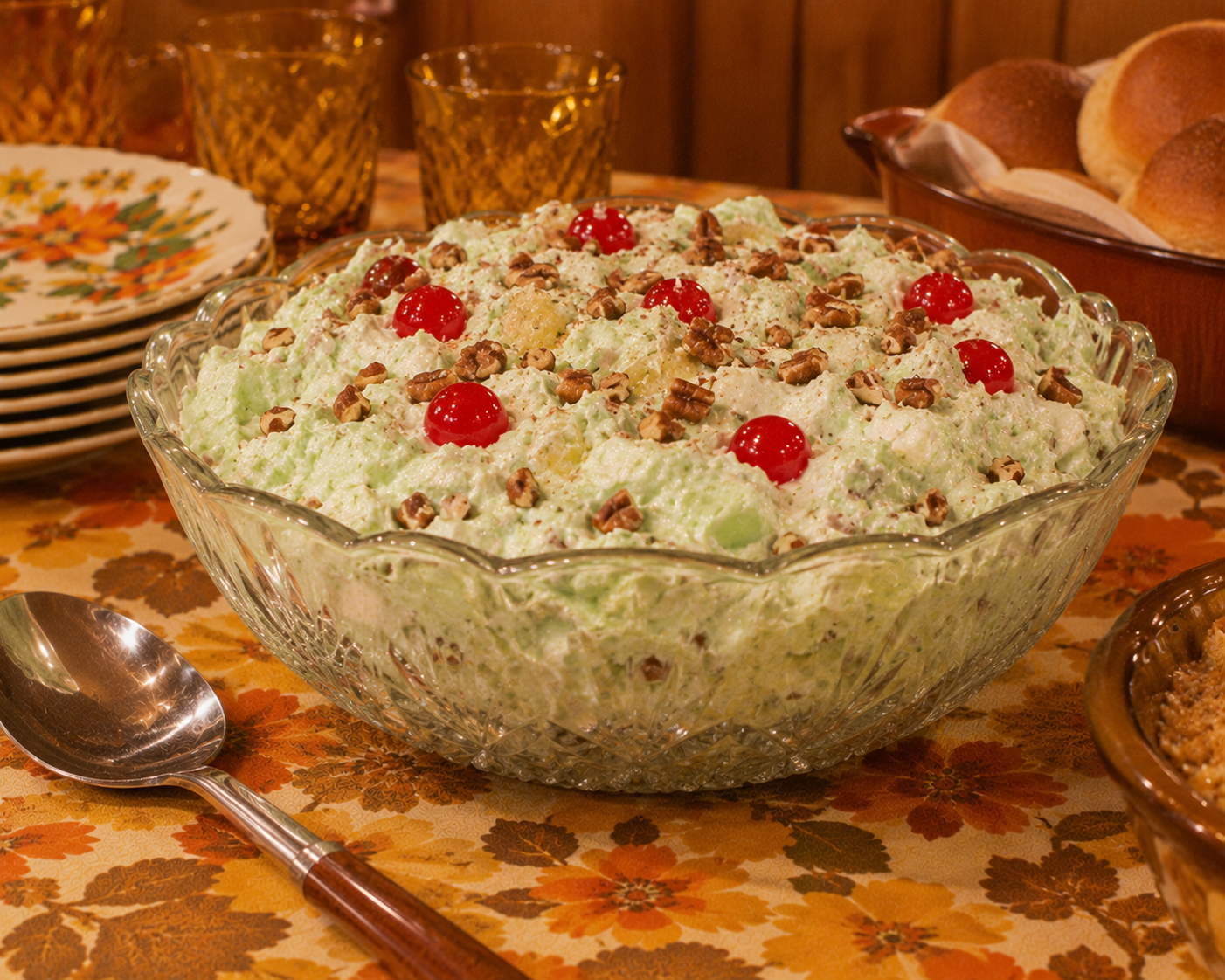 A glass bowl of green pistachio salad topped with pecans and red cherries sits on a floral tablecloth, surrounded by plates, rolls, and amber glasses.